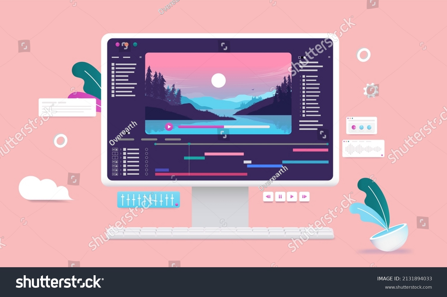SVG of Video editing on desktop computer - Software for movie production on screen with nature scene, timeline and user interface. Multimedia and film editor concept. Vector illustration svg