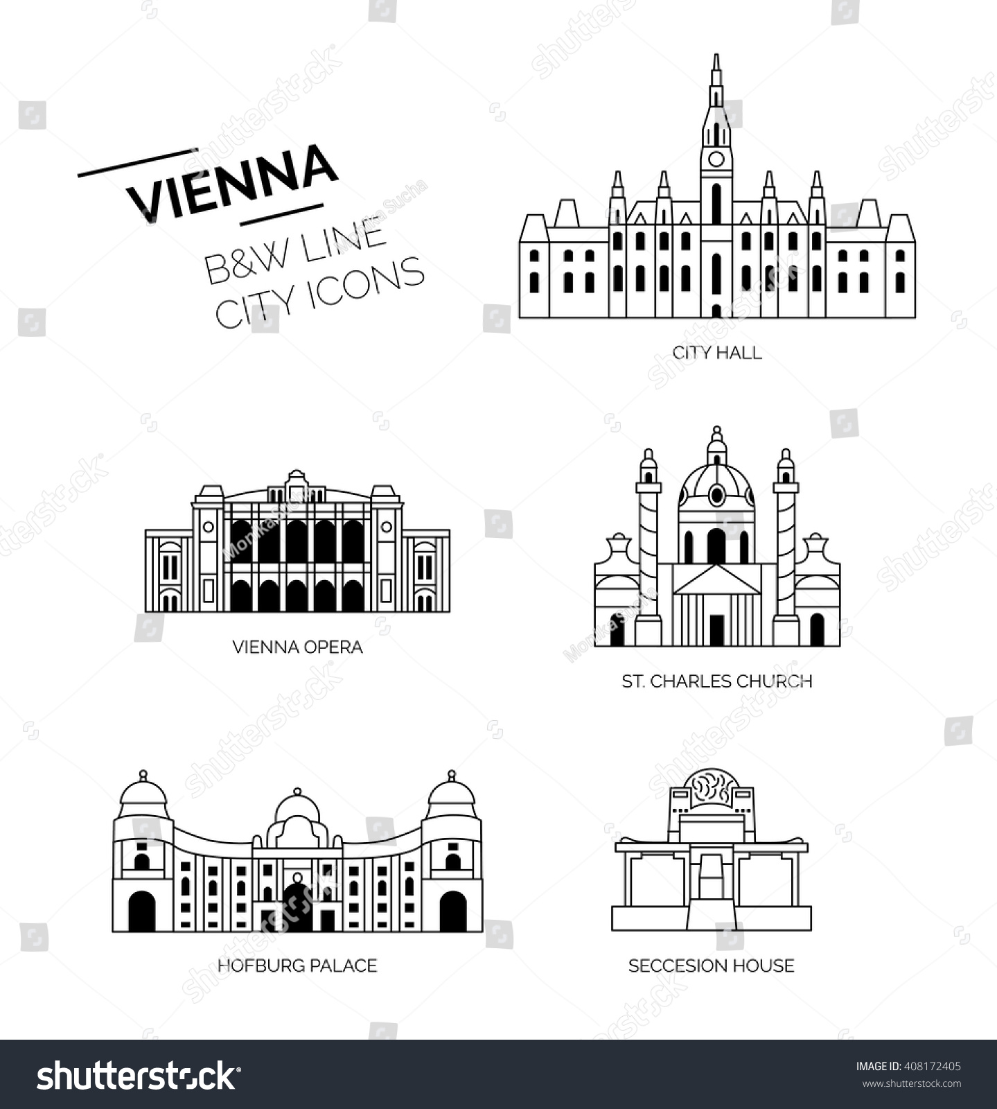 Vienna Sightseeings City Lineicons Icons Black Stock Vector (Royalty