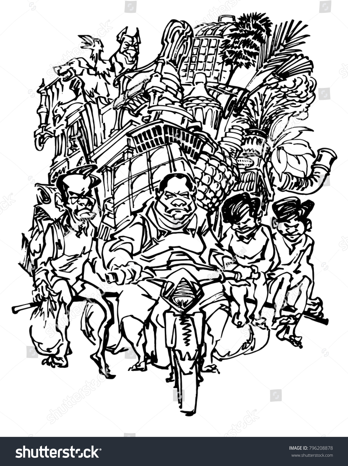 SVG of Vietnamese family packed up on a scooter, humorous illustration svg