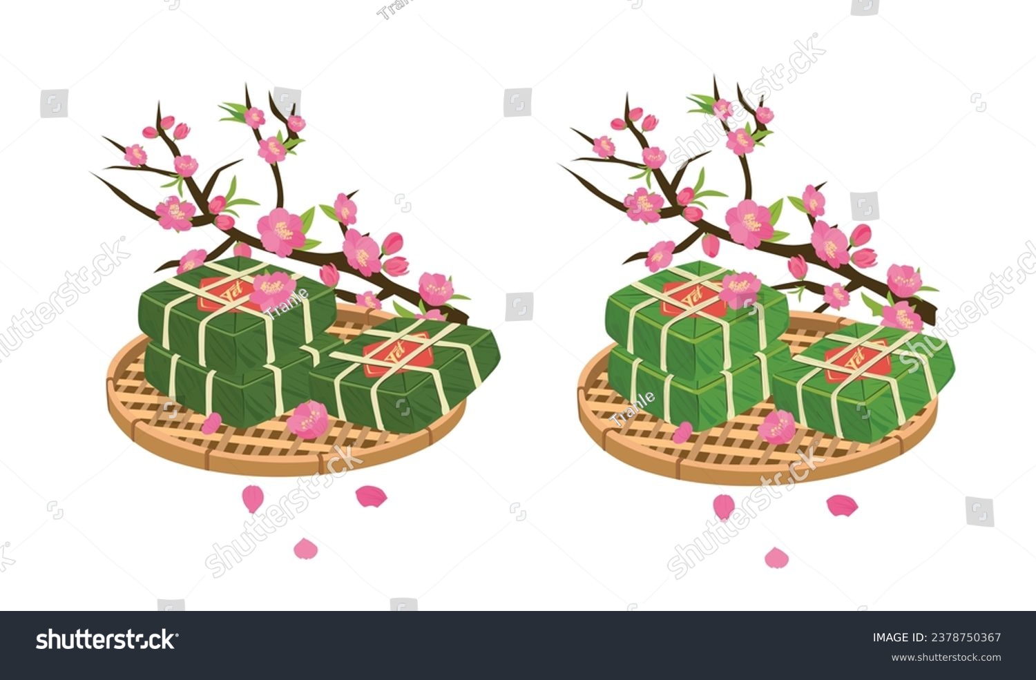 SVG of Vietnamese traditional lunar new year vector set. Vietnamese new year cuisine. Chung cake vector and peach blossom tree branch vector. Banh chung, hoa dao. Vietnamese Tet. Happy Tet holiday. svg
