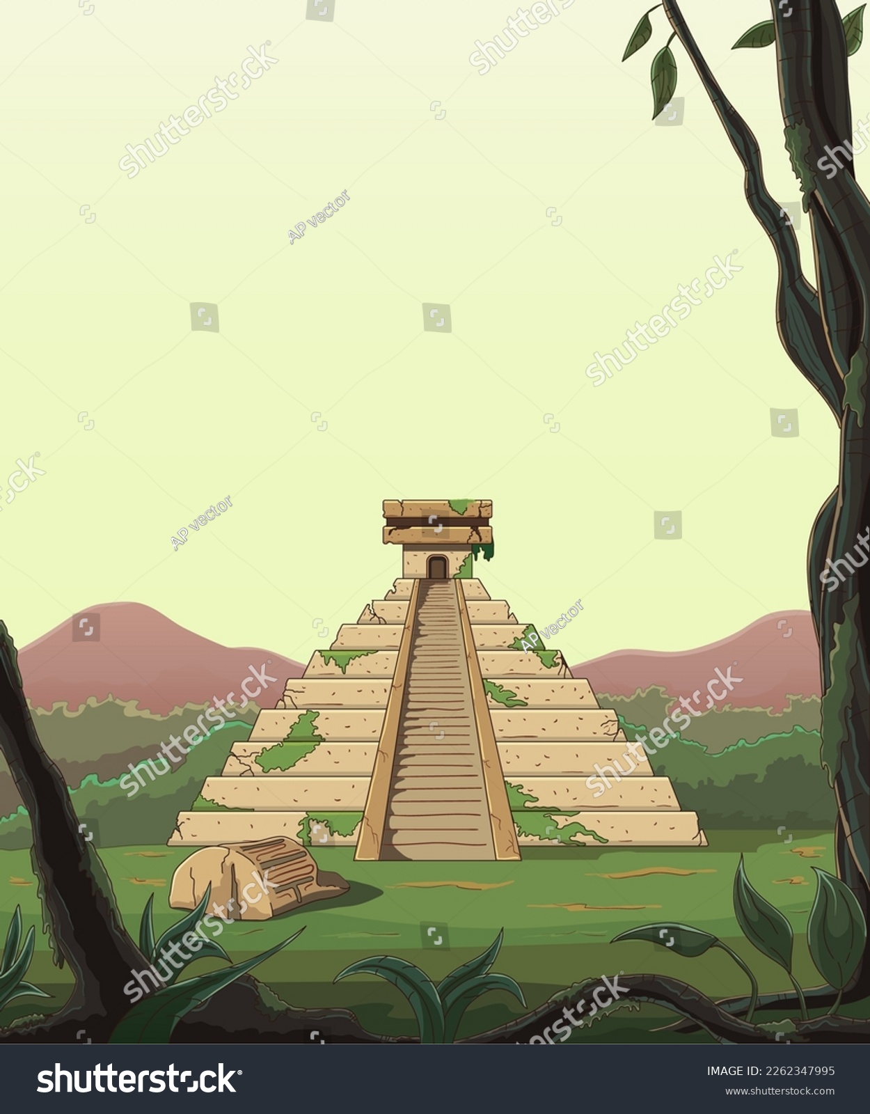 SVG of View from the jungle at the Mayan pyramid. Archaeological landmark, ancient temple of Mexican culture. Wildlife scene, vertical orientation. Hand drawing, outline. Warm background. Vector illustration svg