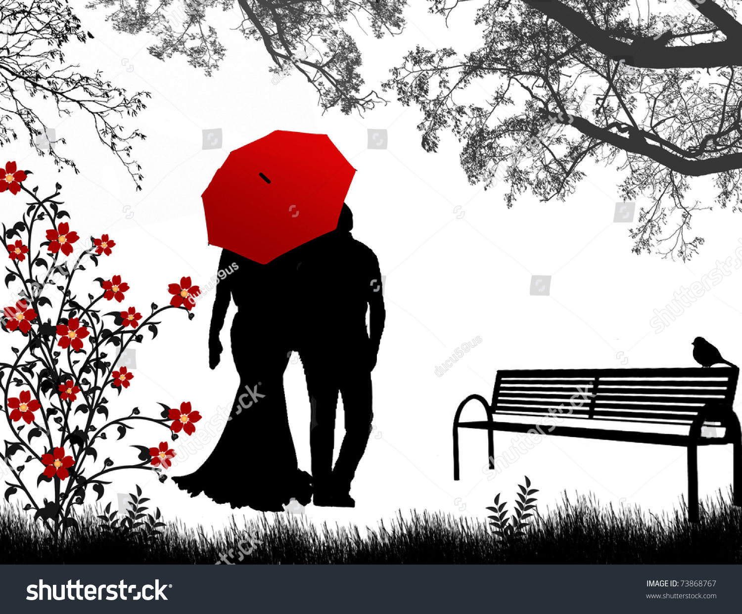 View Couple Back Under Red Umbrella Stock Vector (royalty Free) 73868767