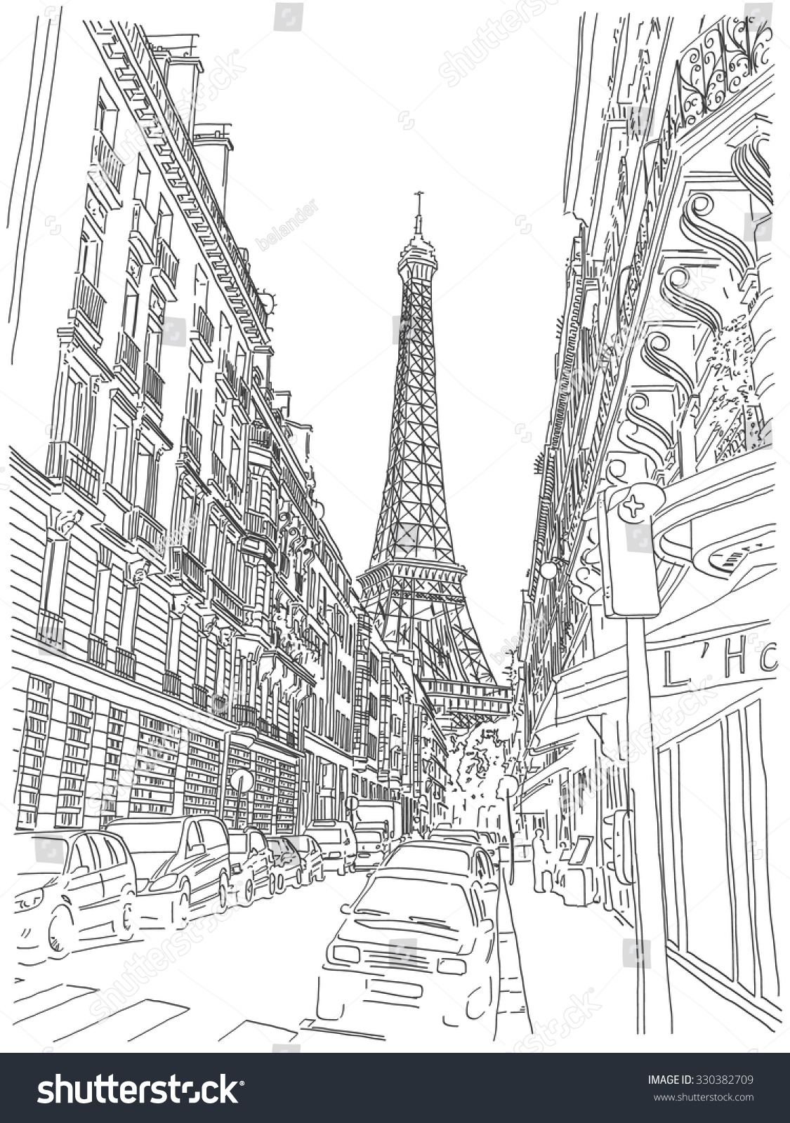 View Eiffel Tower Streets Paris Black Stock Vector Royalty Free 330382709