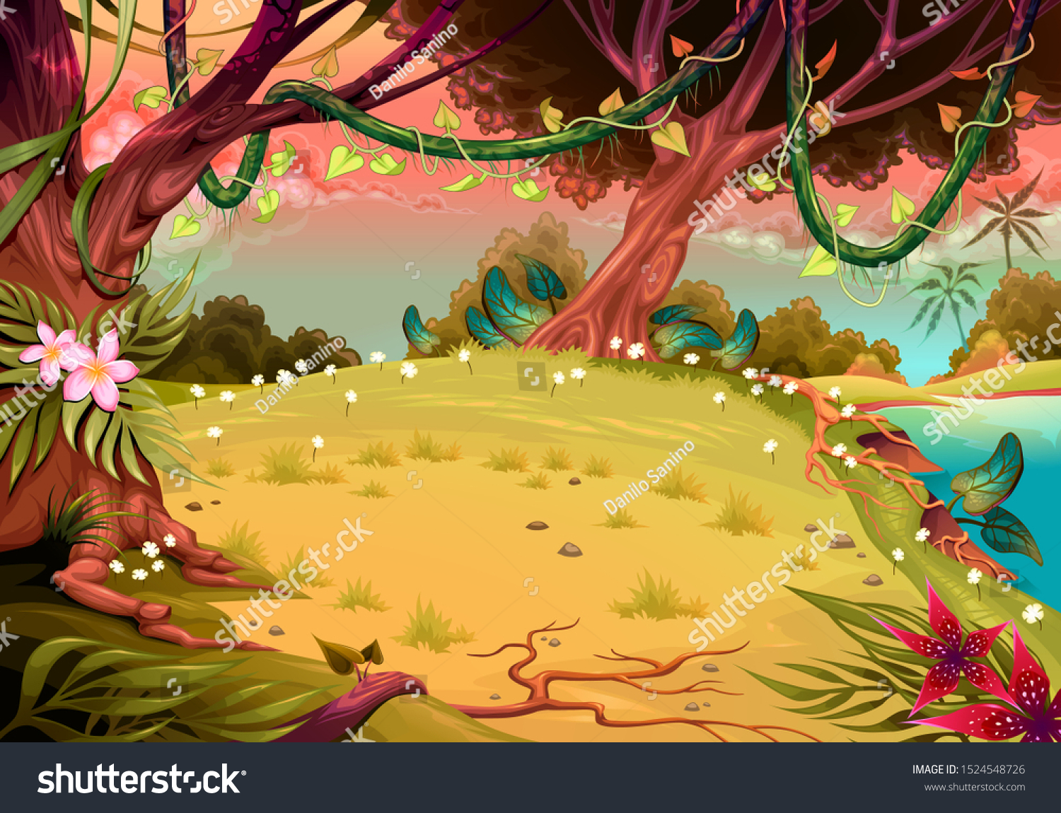 View On Jungle Sunset Vector Cartoon Stock Vector (Royalty Free ...