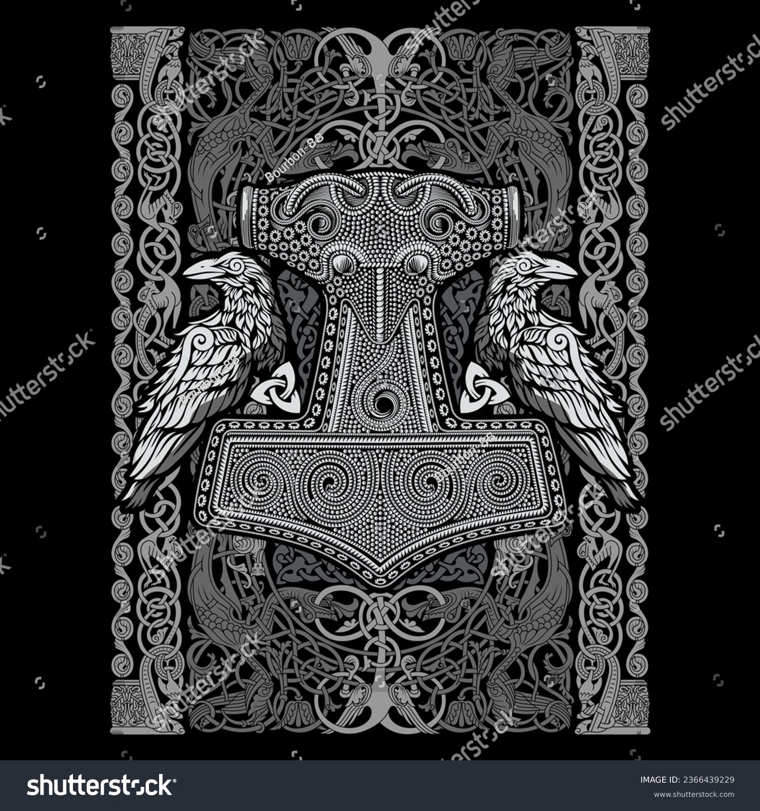 SVG of Viking Old Celtic Scandinavian design. Hammer of God Thor, two Ravens and Celtic patterns drawn in vintage retro style, isolated on black, vector illustration svg