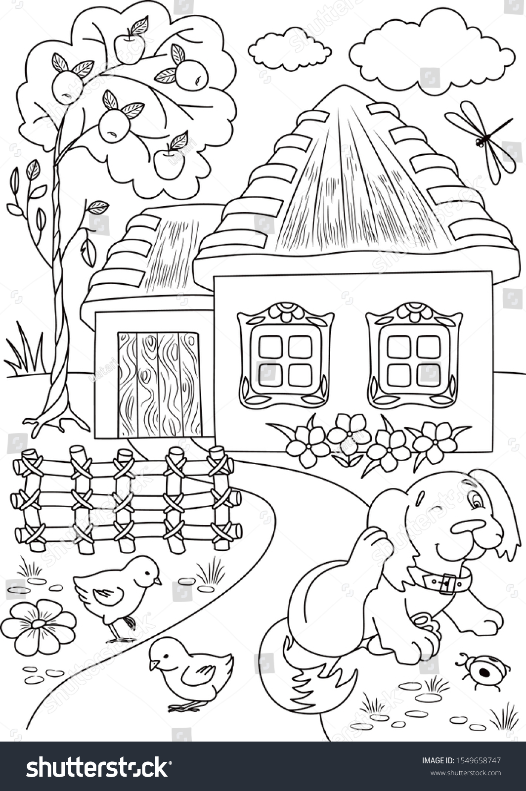 Village Coloring Page Village Illustration Cute เวกเตอร์สต็อก (ปลอดค่า