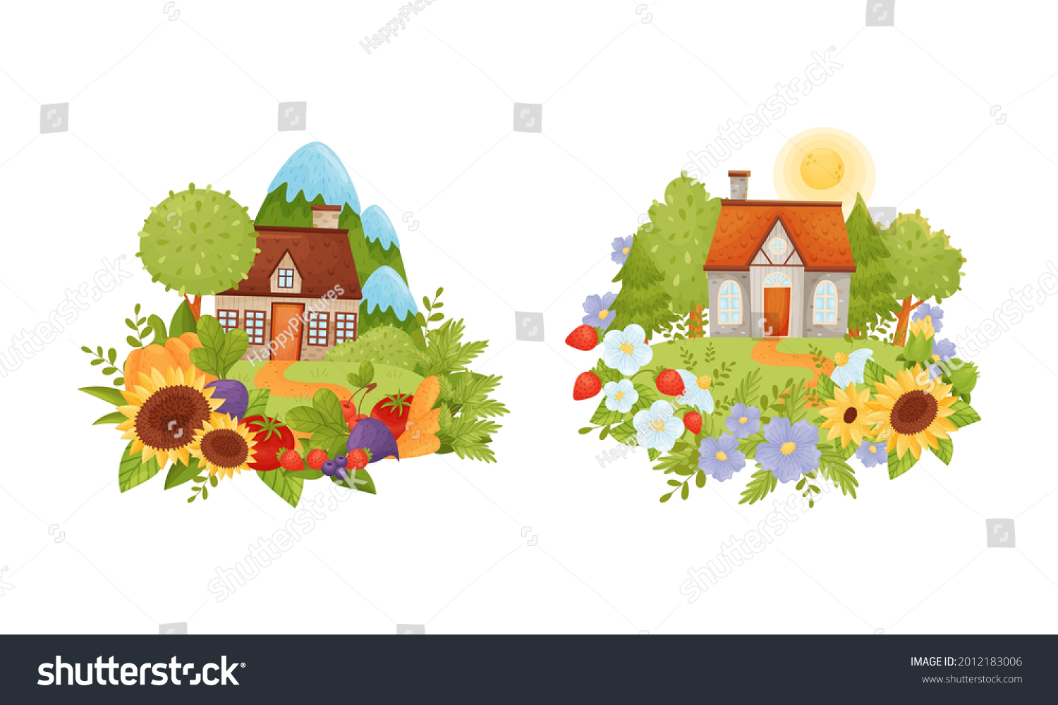 SVG of Village Houses Standing on Meadow with Winding Path Surrounded by Circular Crop and Flower Arrangement Vector Set svg