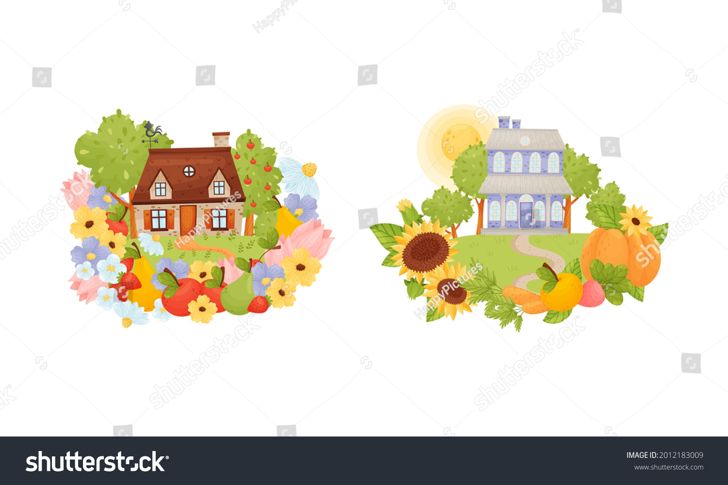 SVG of Village Houses Standing on Meadow with Winding Path Surrounded by Circular Crop and Flower Arrangement Vector Set svg