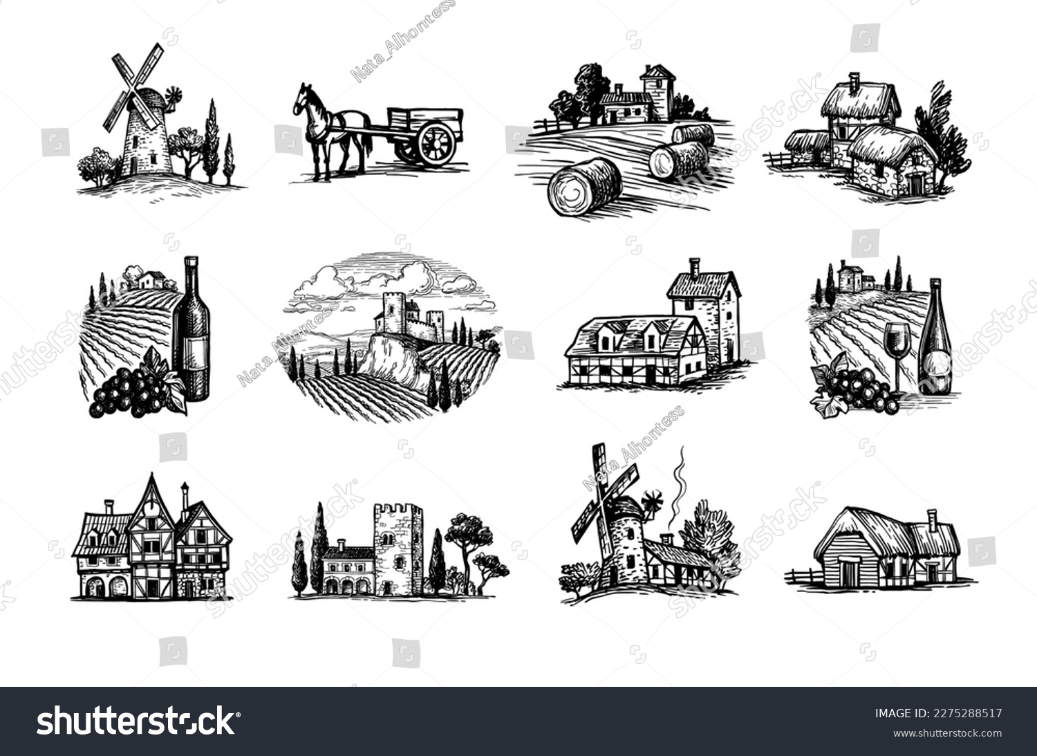 SVG of Village scenery. Mills, fields and vineyards. Hand drawn ink sketches. Vintage style. svg