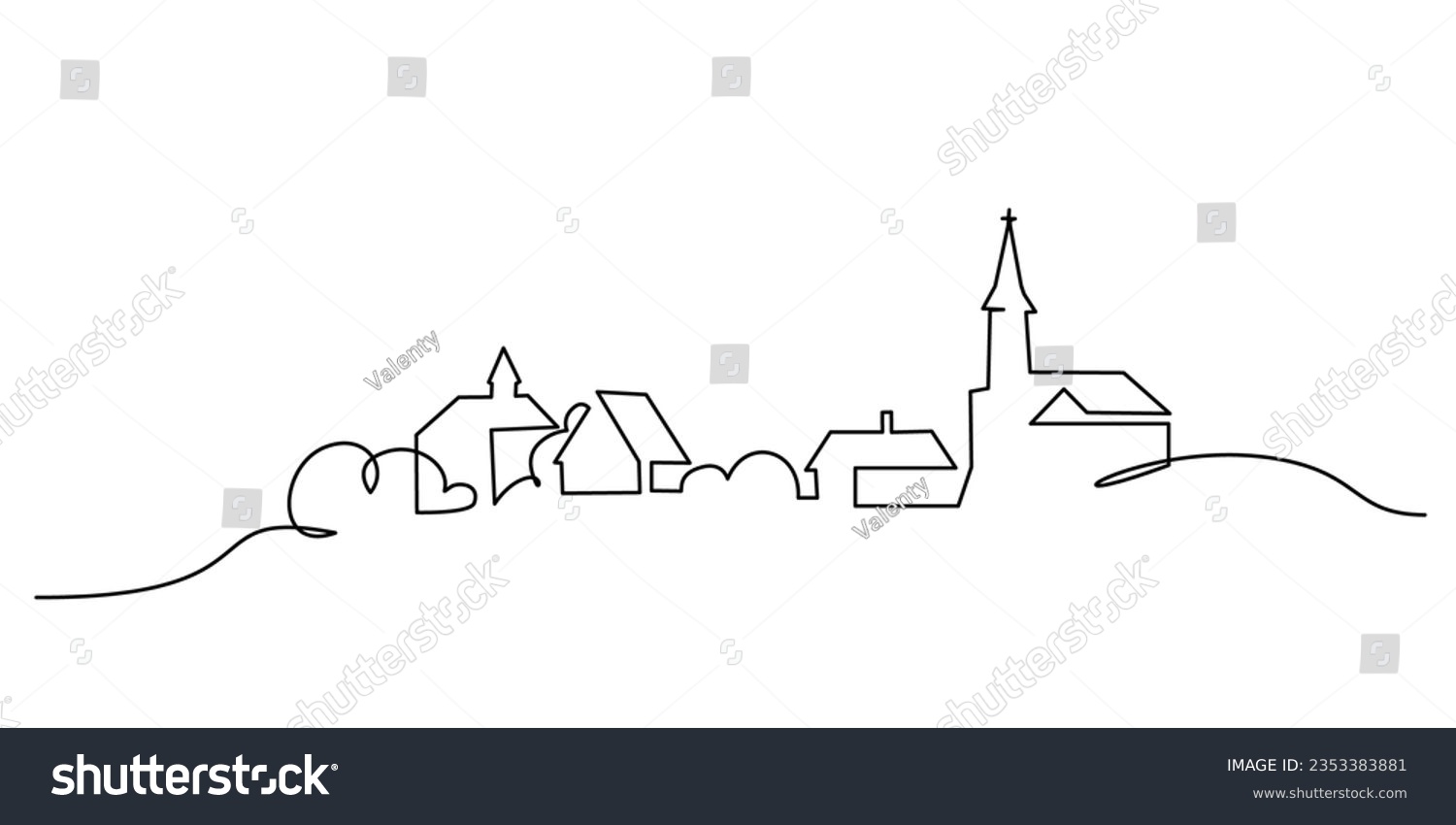 SVG of Village with church. Continuous one line art drawing style. Landscape of small country. Black linear sketch isolated on white background. Vector illustration svg
