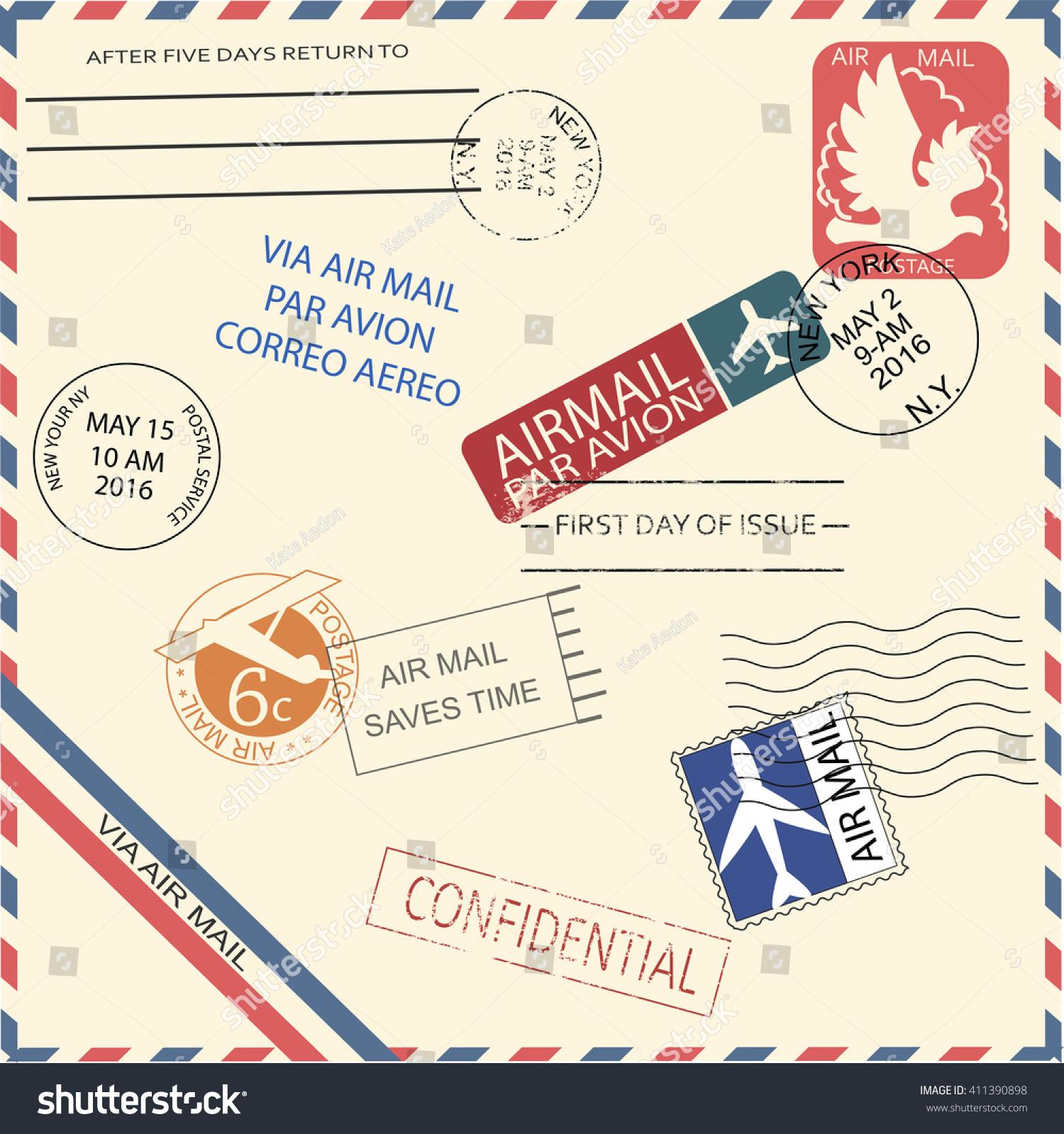 Vintage Air Mail Envelope With Stamps, Marks And Postal Elements. Cool ...