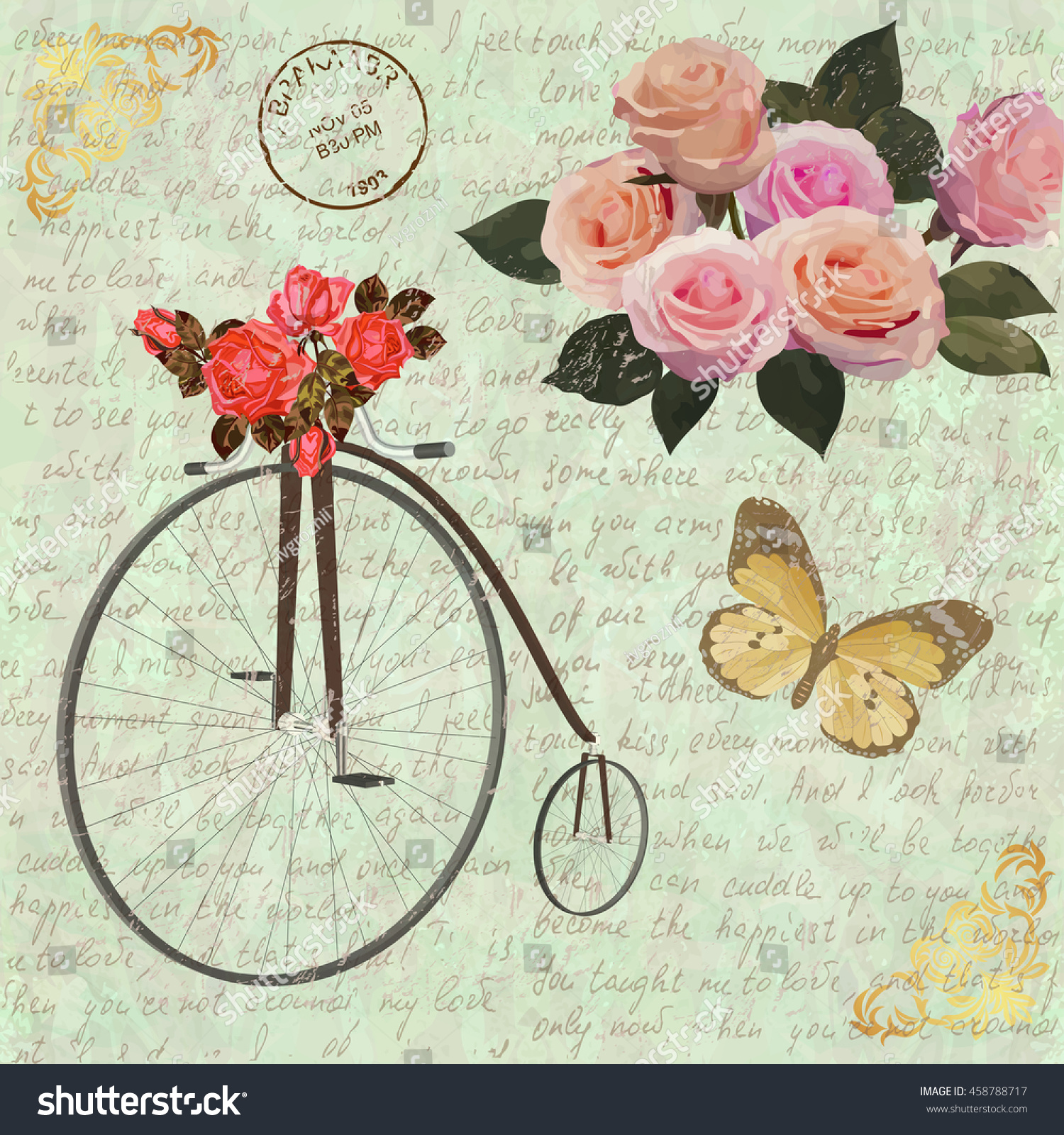 Vintage Background Rosesbutterflies Old Bicycle Stock Vector (Royalty ...