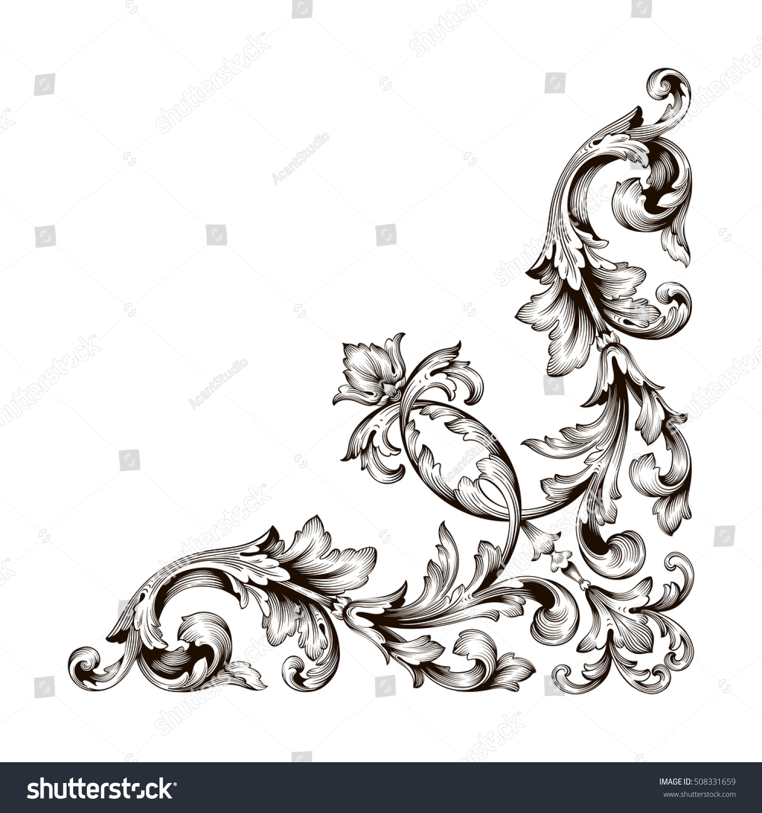 Vintage Baroque Corner Scroll Ornament Engraving Stock Vector (Royalty ...
