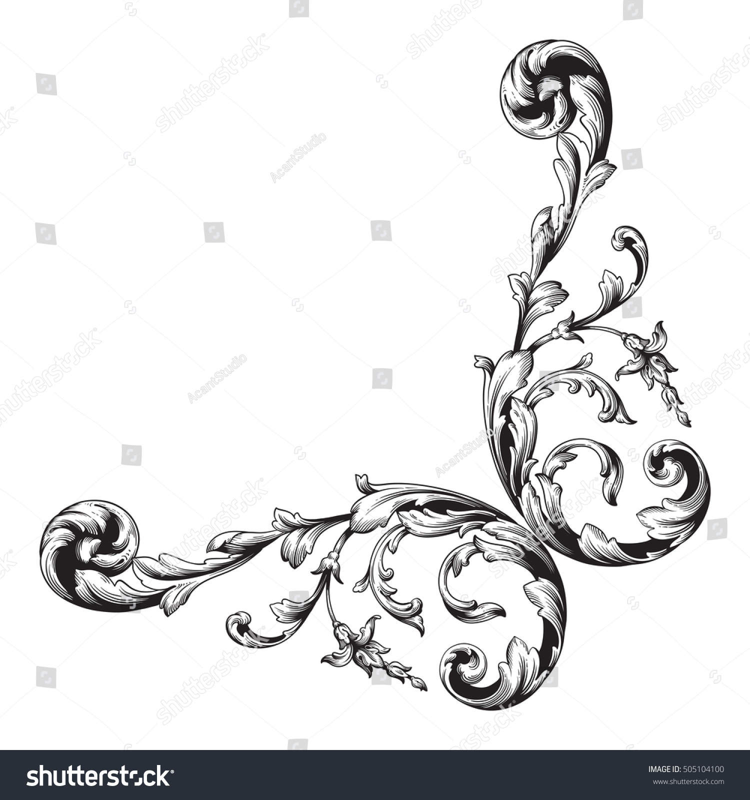 Vintage Baroque Corner Scroll Ornament Engraving Stock Vector (Royalty ...