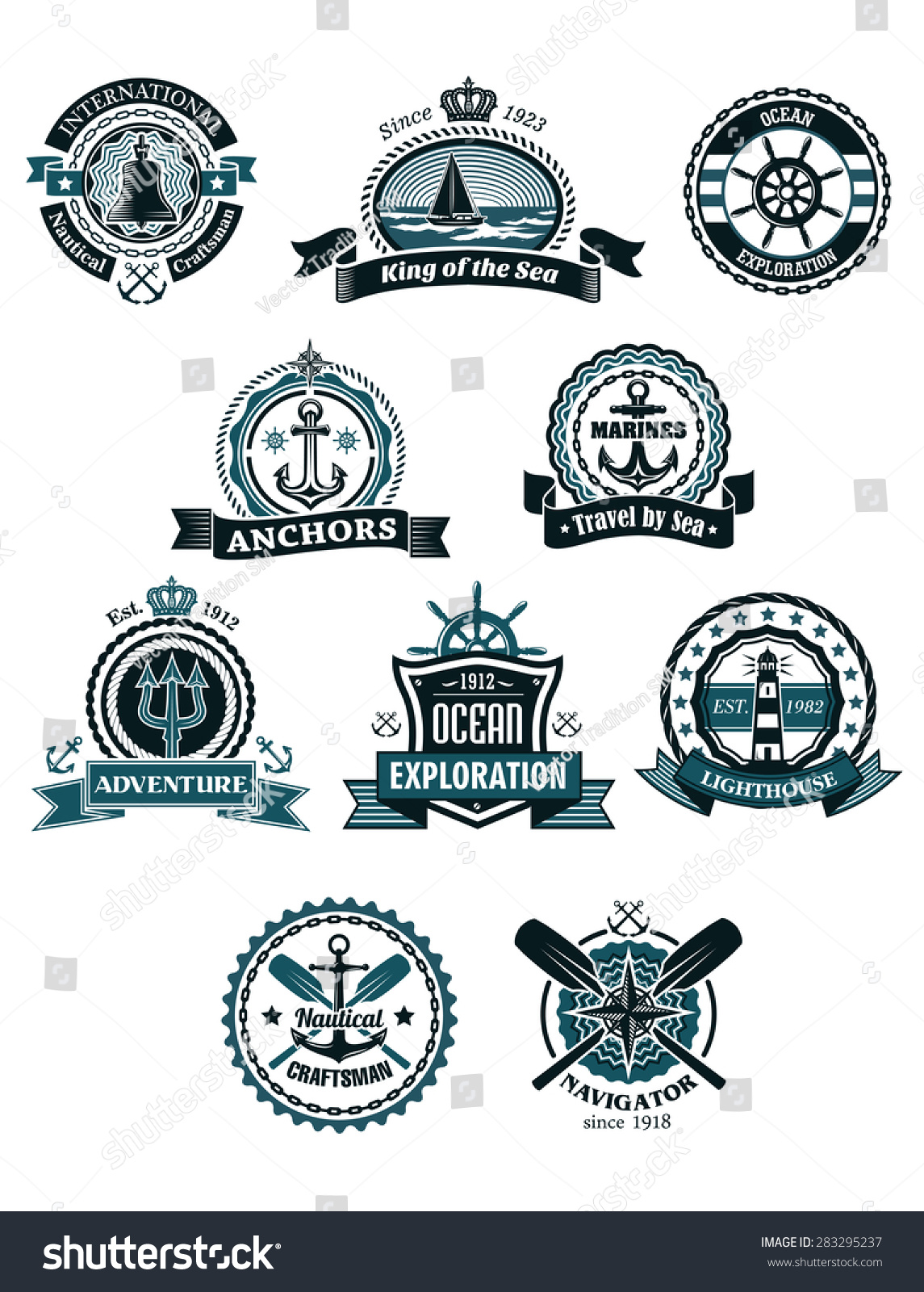 Vintage Blue Marine Badges And Icons Including Ship, Helm, Anchor ...