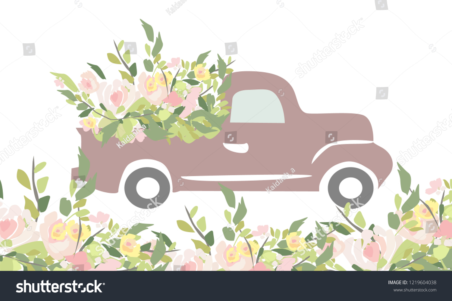 Vintage Car Flowers Engraving Style Vector Stock Vector (Royalty Free