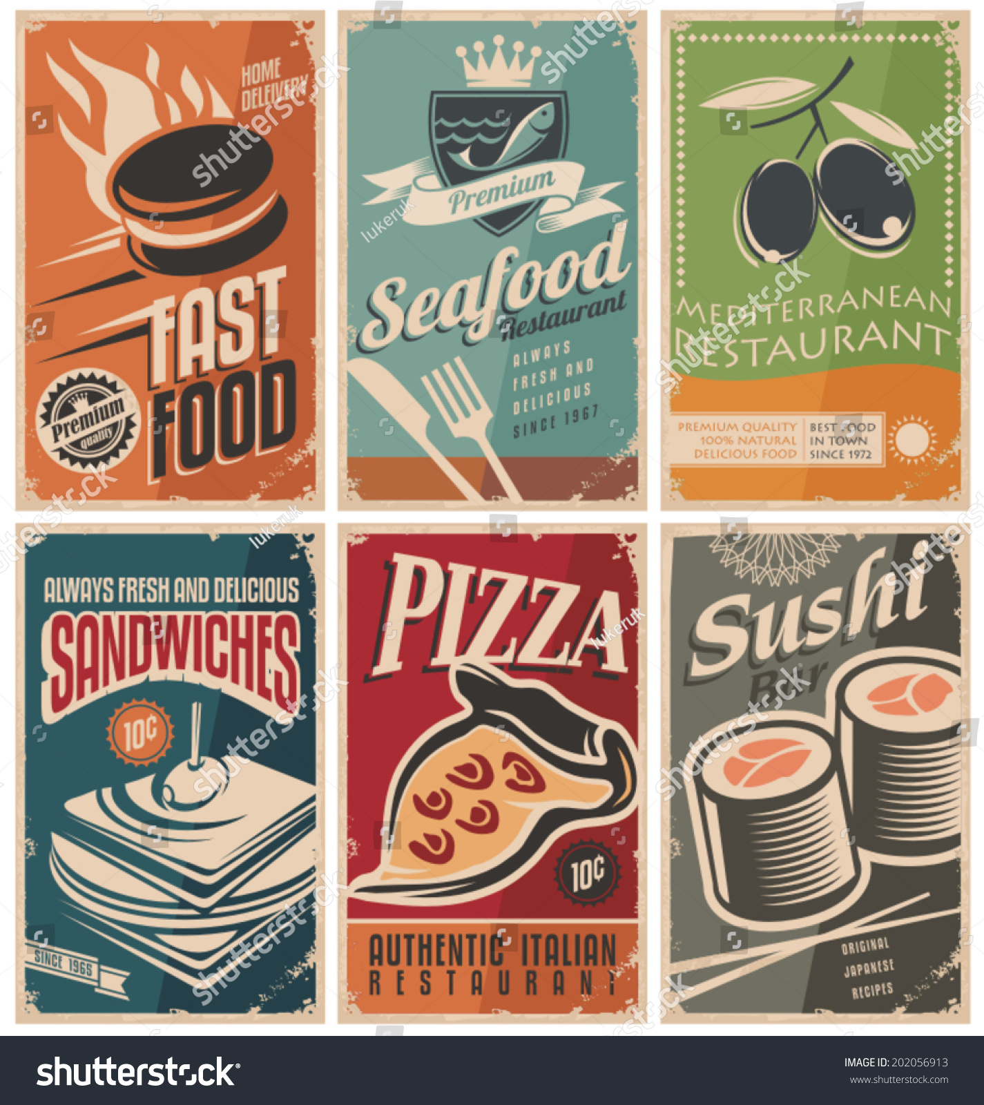 Vintage Collection Food Restaurants Posters Vetor Stock Livre De