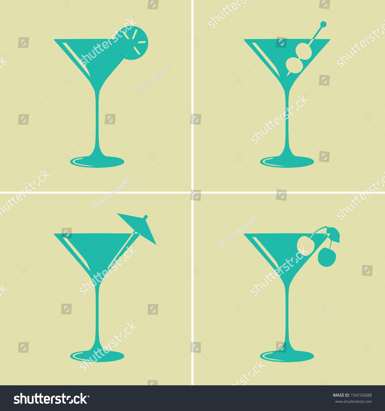 SVG of Vintage colored martini cocktail glasses with different decorations svg