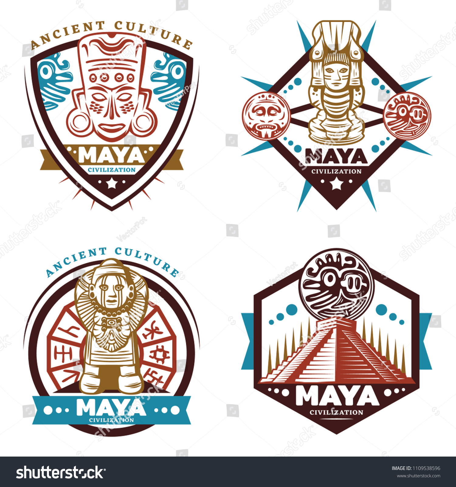 Vintage Colored Maya Civilization Emblems Set Stock Vector (Royalty ...