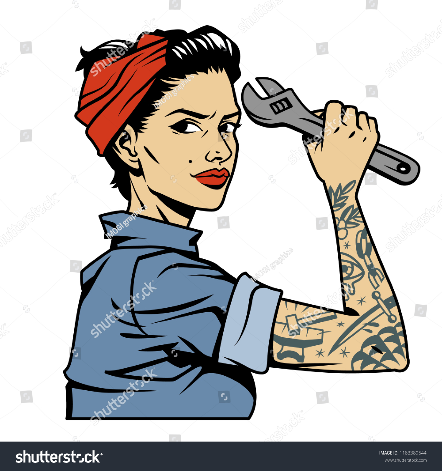 Stock Vector Vintage Colorful Pin Up Mechanic Girl With Tattoo On Arm Holding Wrench Isolated Vector Stock Vector Vintage Colorful Pin Up Mechanic Girl With Tattoo On Arm Holding Wrench Isolated Vector
