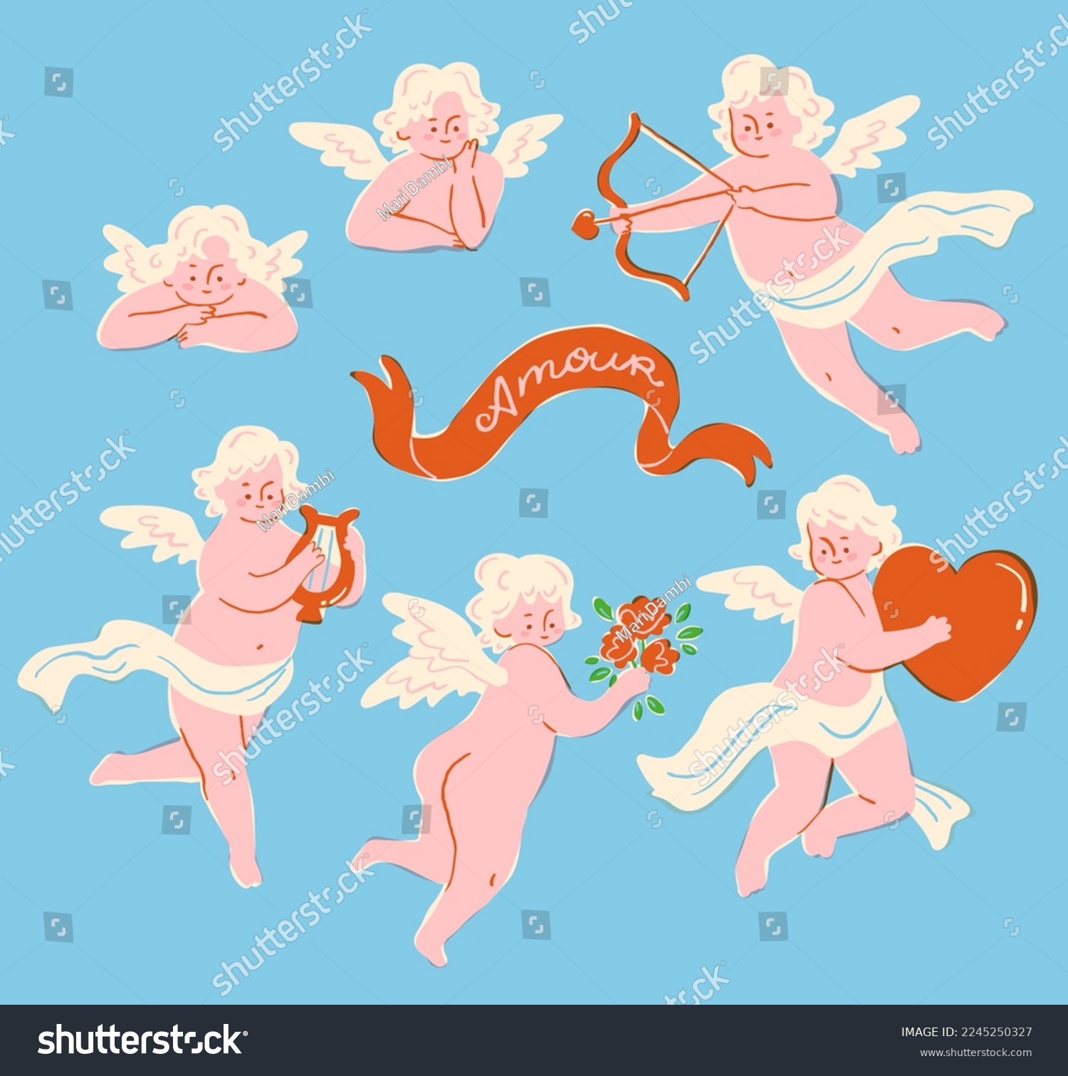 SVG of Vintage cupid set. Cheerful flying angels with a bow and arrow, a harp and flowers. Cute cherubs for the Valentine's Day celebration in trendy retro style. svg