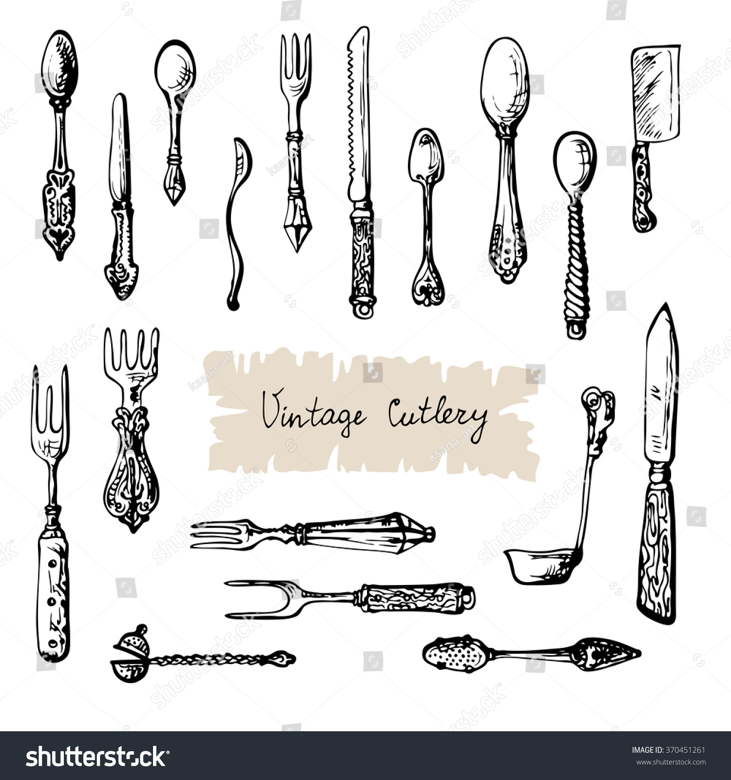 Vintage Cutlery Hand Drawn Set Ink Stock Vector Royalty Free