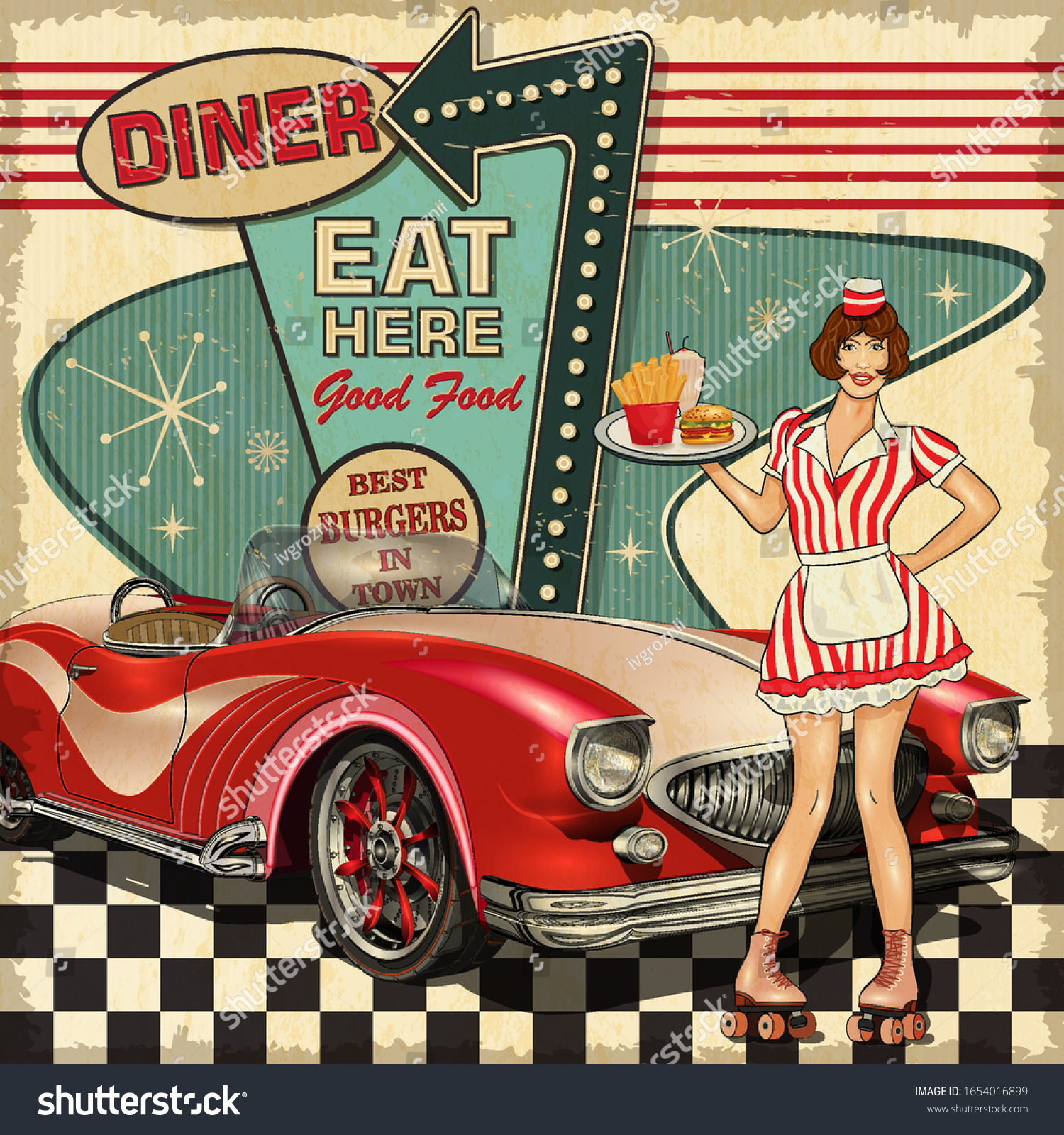SVG of Vintage Diner poster in traditional American style with waitress on roller skates. svg
