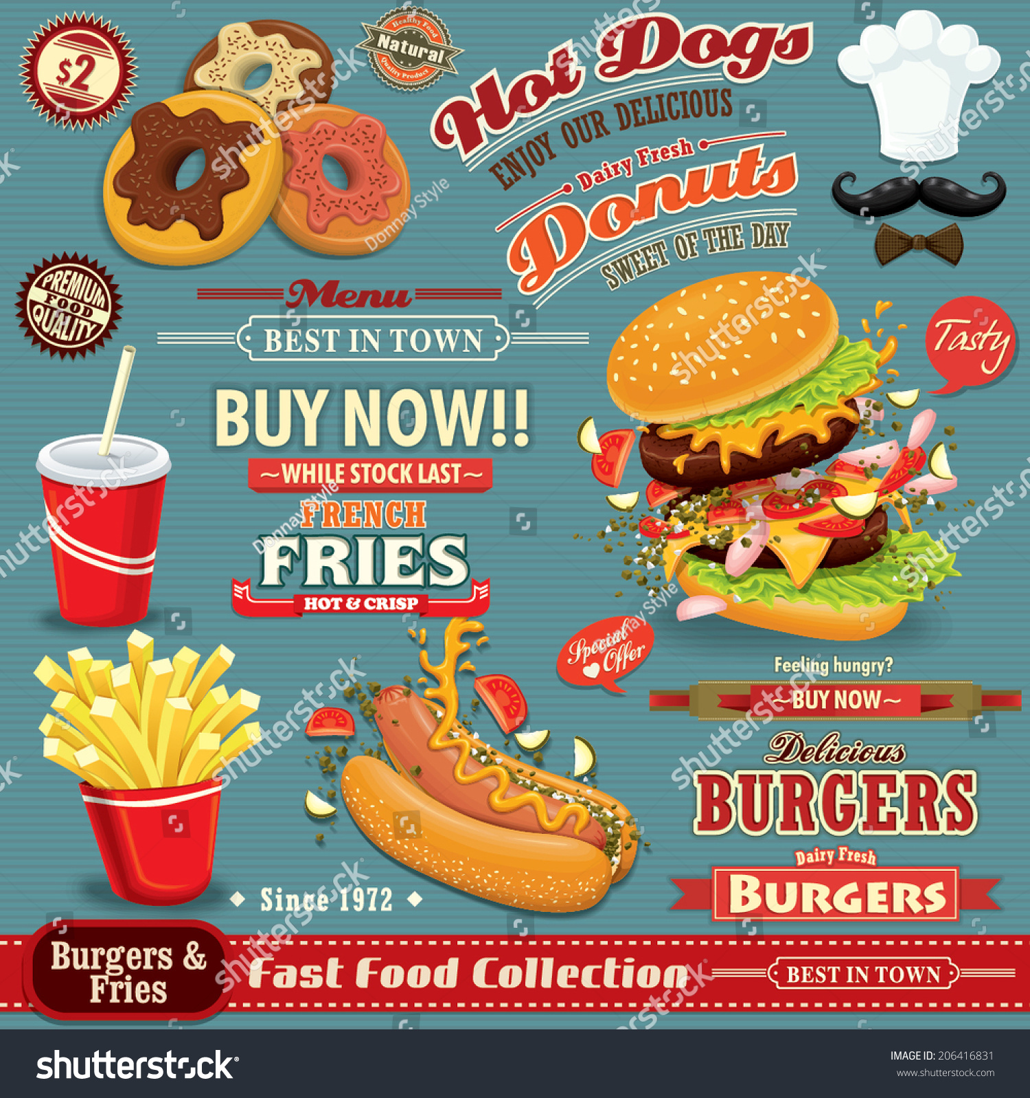 Vintage Fast Food Poster Set Design With Burgers, Fries, Hot Dog ...