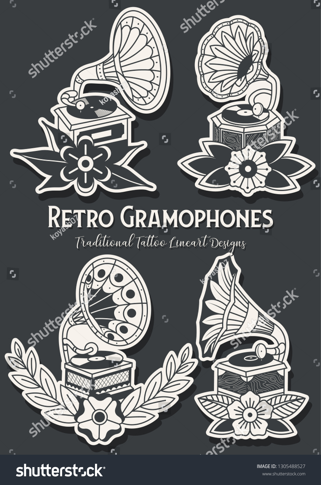 Vintage Gramophones Traditional Tattoo Design Draw Stock Vector Royalty Free 1305488527