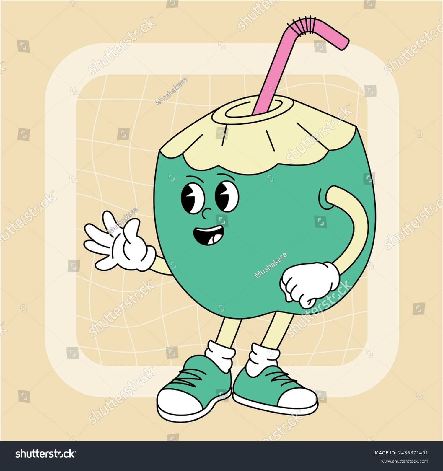 SVG of Vintage groovy green coconut character. Fruits and vegetables retro comic collection for poster and sticker design. Retro character, hippie 70s style. svg