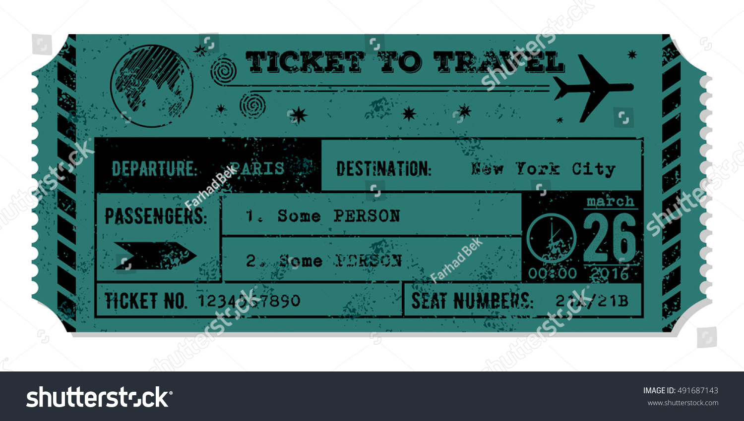 Vintage Grungy Airplane Ticket Travel Concept Stock Vector Royalty Free 491687143