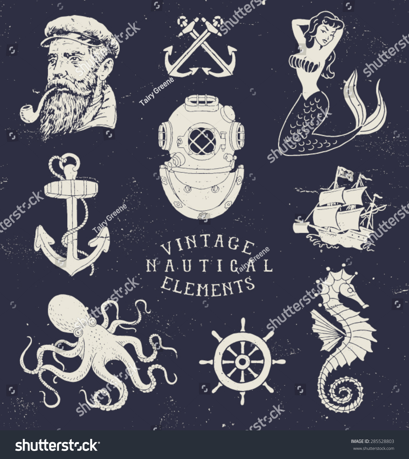 Vintage Hand Drawn Nautical Set Stock Vector (Royalty Free) 285528803