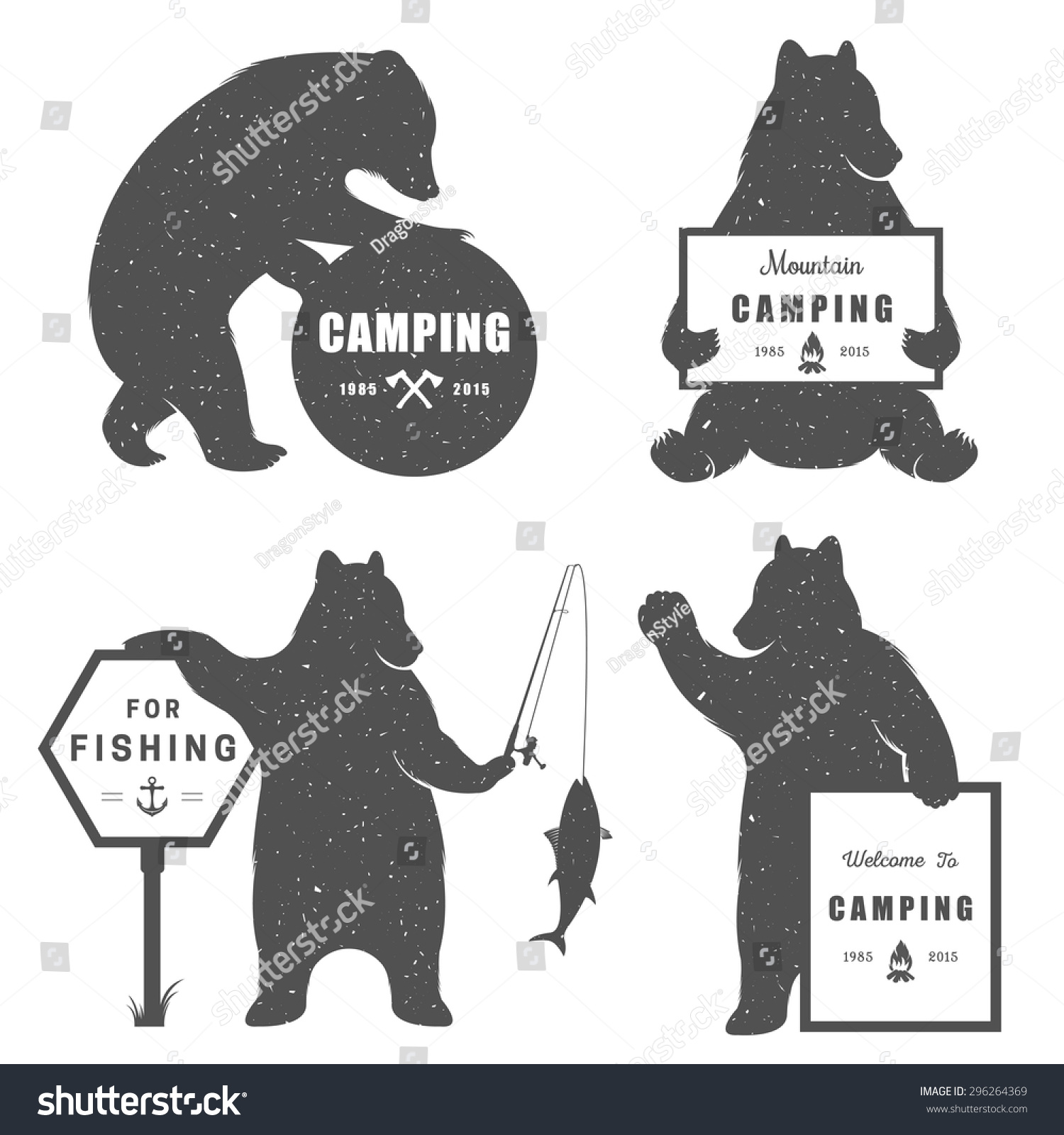 SVG of Vintage Illustration bear with sign camping - Grunge effect. Funny Bear with symbol Camp and For Fishing isolated on white background for posters, camp clubs and Web emblems svg