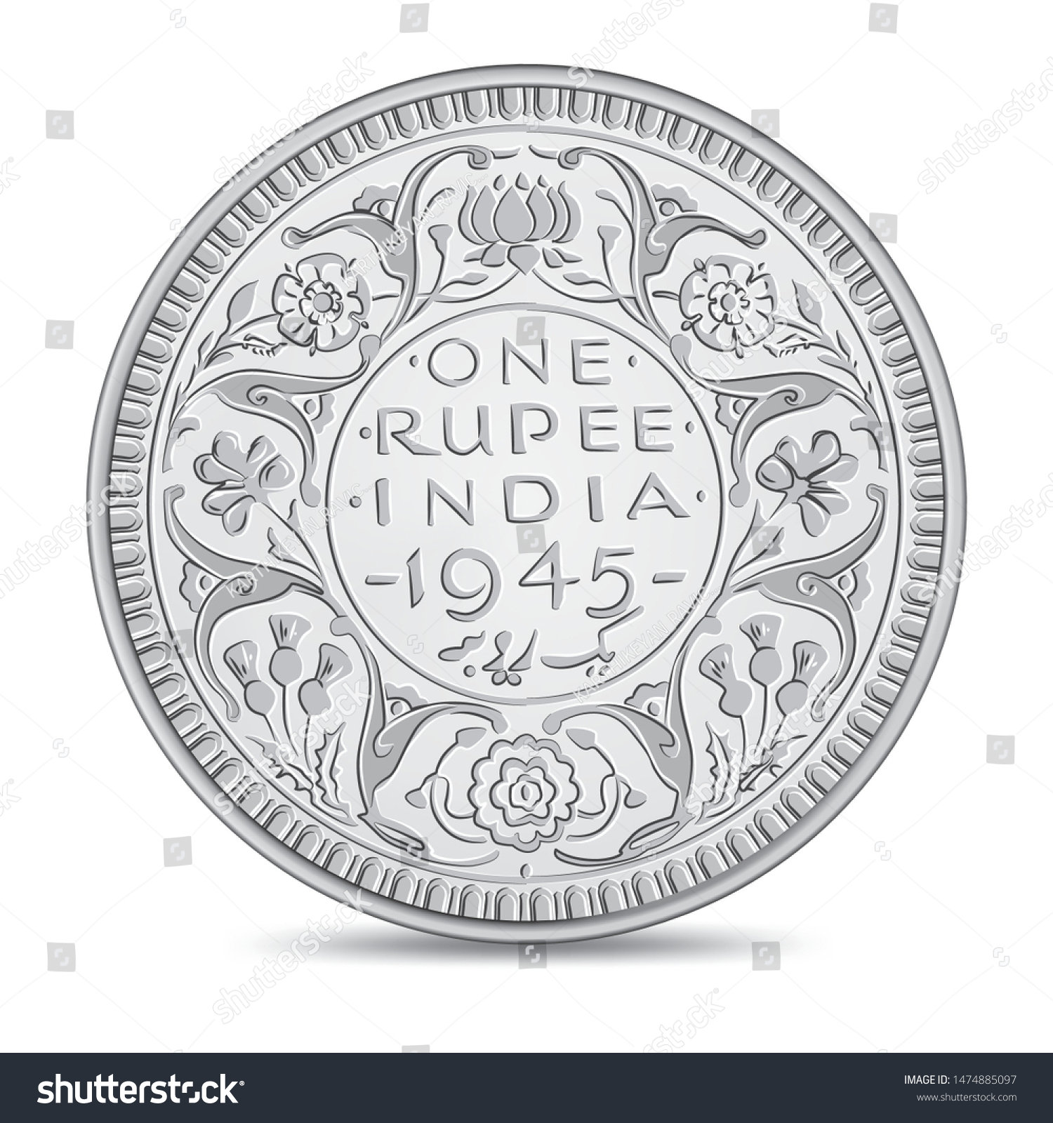 SVG of Vintage Indian one rupee coin 1945 in vector illustration svg