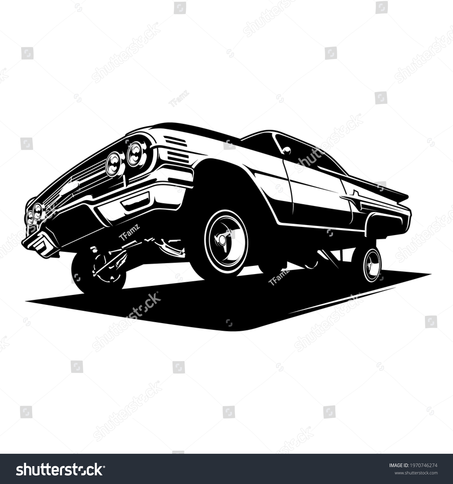 SVG of vintage lowrider car detailed image in black and white svg