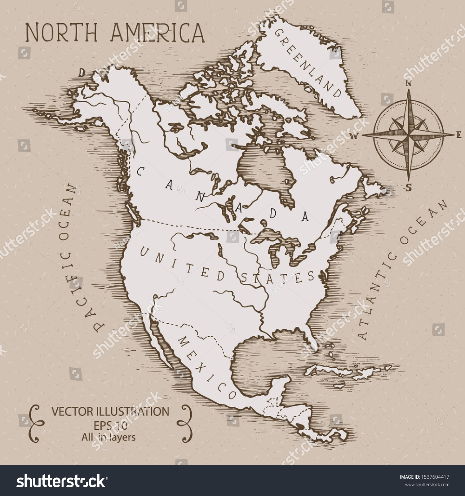 Vintage Map North America Hand Drawn Stock Vector (Royalty Free) 1537604417