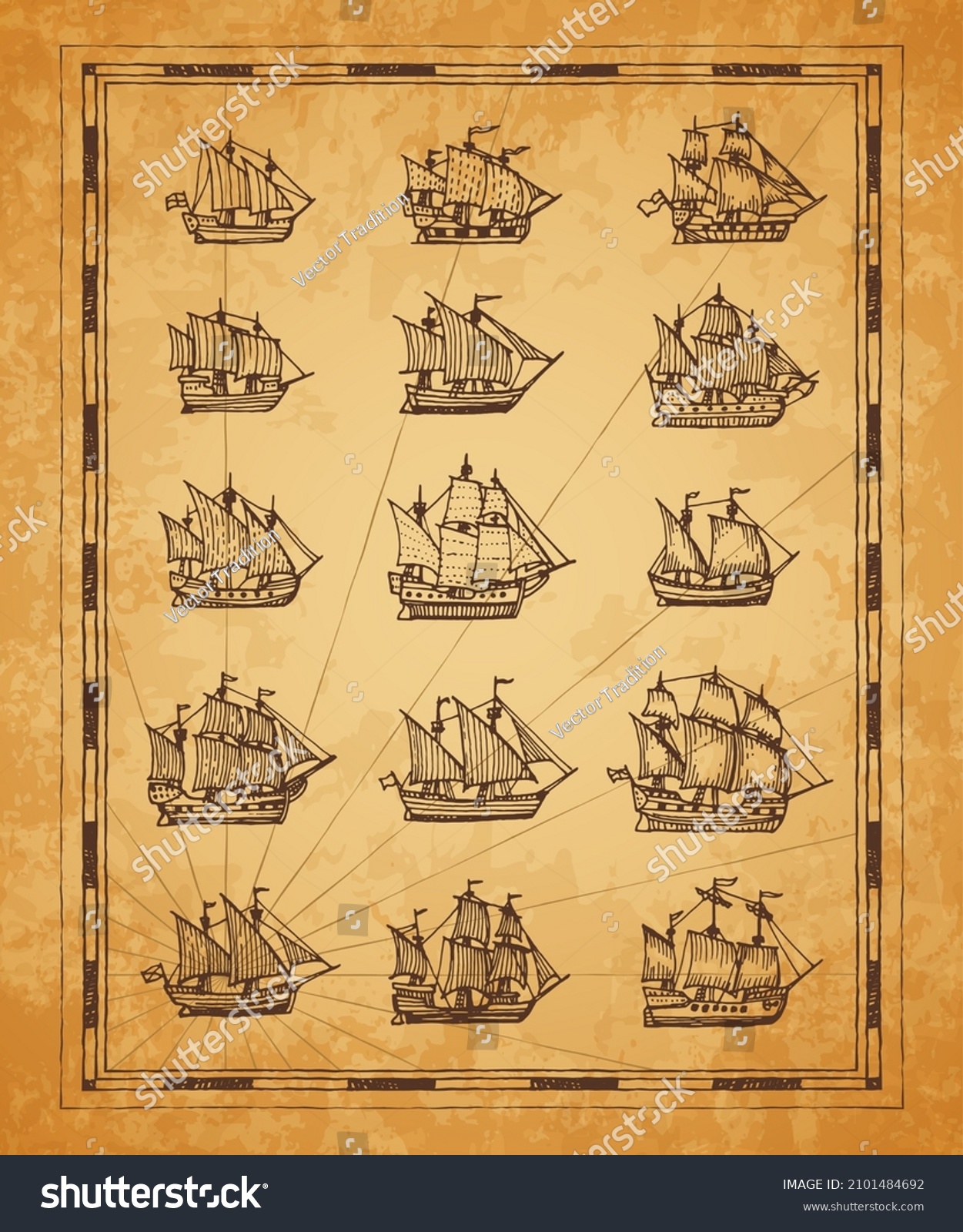 SVG of Vintage map sail ships, sailboat, brigantine sketch. Vector engraved sea vessels on ancient torn brown papyrus. Engraving retro schooner, corvette and brig, galleon and caravel, clipper of pirate map svg