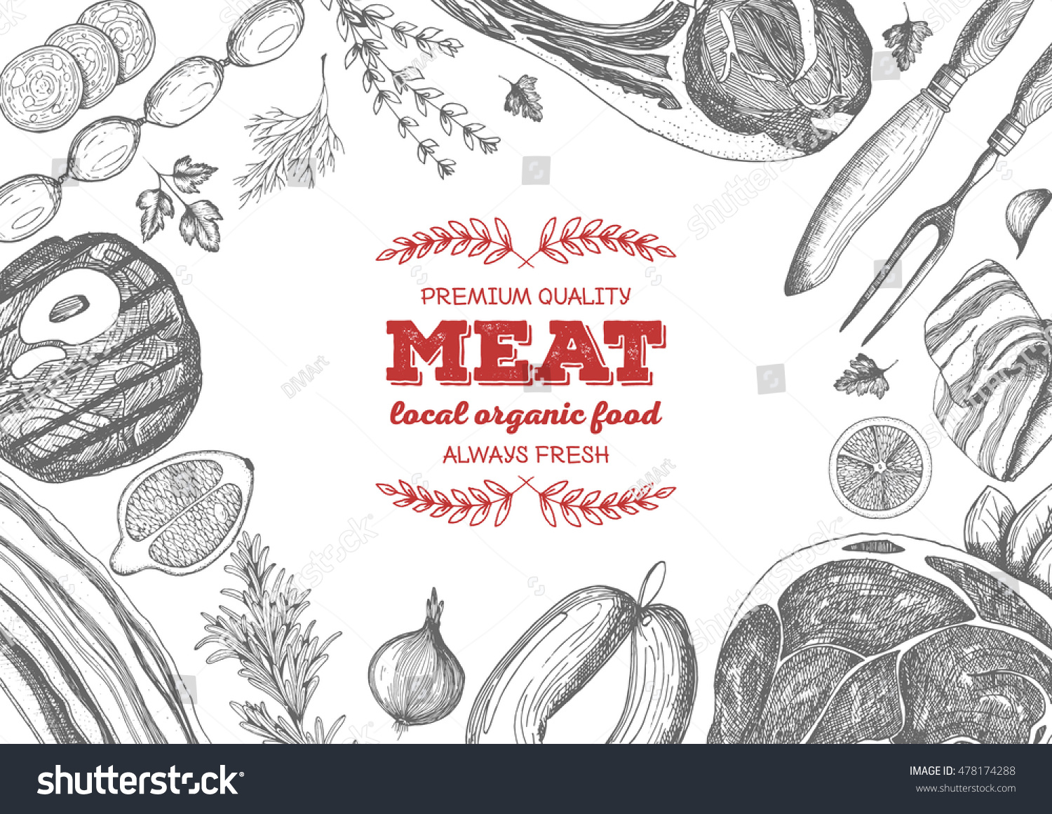 Vintage Meat Frame Vector Illustration Linear Stock Vector 478174288 ...