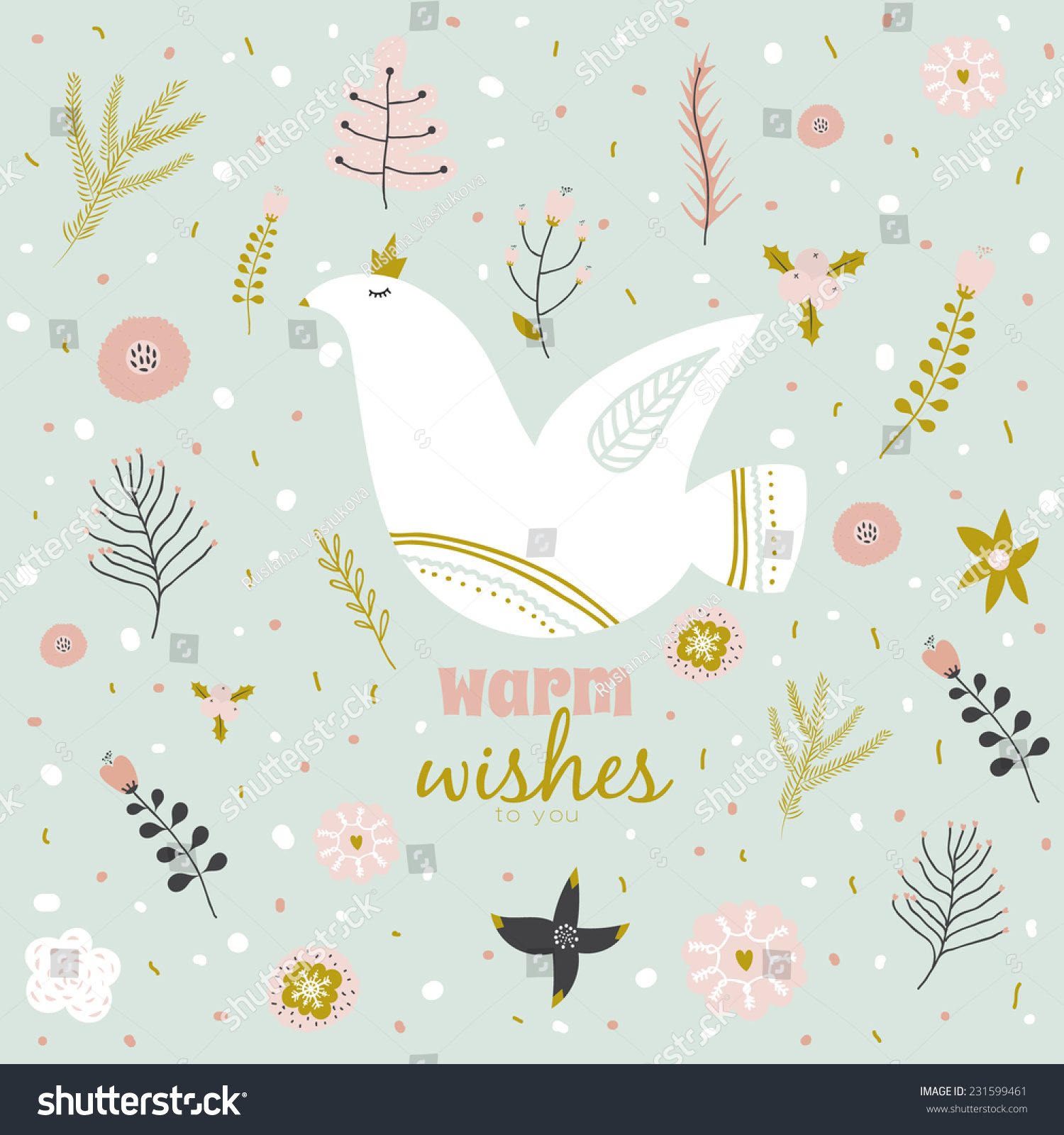 Vintage Merry Christmas And Happy New Year card with flowers and winter dove Greeting stylish