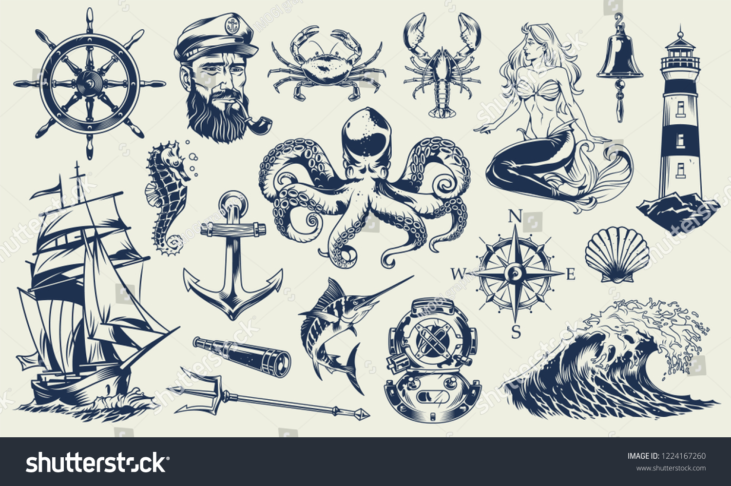 SVG of Vintage monochrome nautical elements set with sailor sea animals lighthouse mermaid ship diving helmet anchor compass poseidon trident isolated vector illustration svg