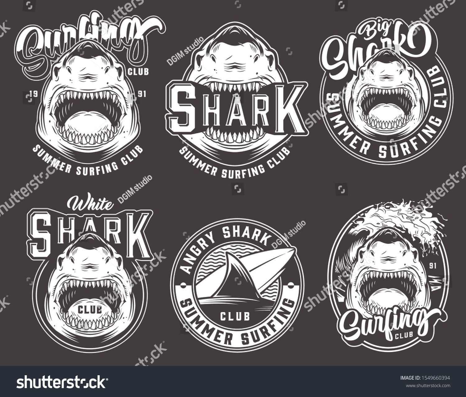 SVG of Vintage monochrome surfing club emblems with dangerous cruel sharks sea waves and surfboard isolated vector illustration svg
