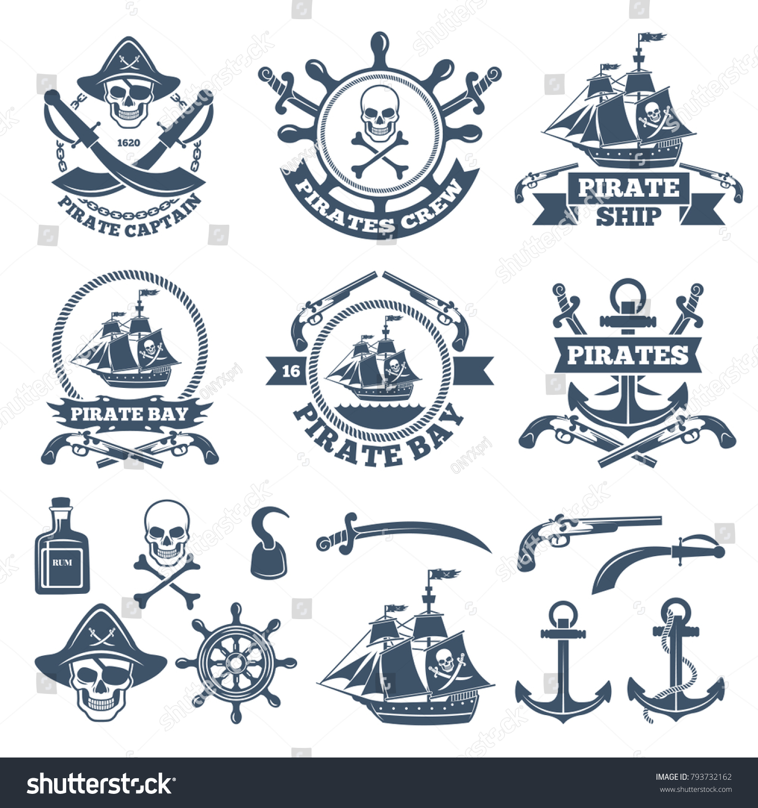 Vintage Nautical Pirates Labels Monochrome Logos Stock Vector (Royalty ...