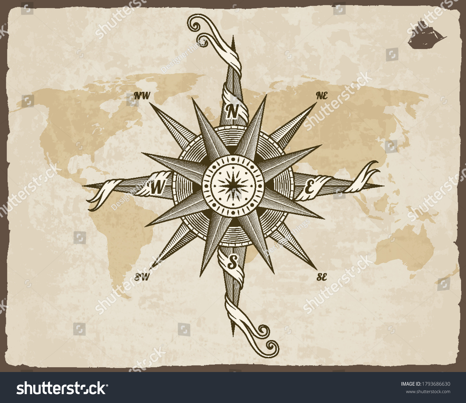 Vintage Nautical Compass Old World Map Stock Vector Royalty Free   Stock Vector Vintage Nautical Compass Old World Map On Vector Paper Texture With Grunge Border Frame Wind Rose 1793686630 