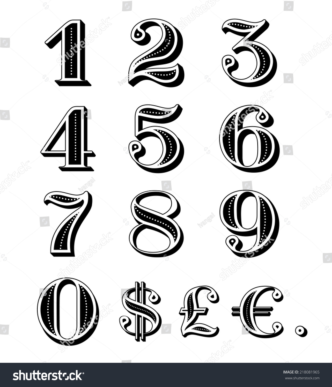 Vintage Numbers Set Including Dollar, Euro, Pound Symbols And Dot ...