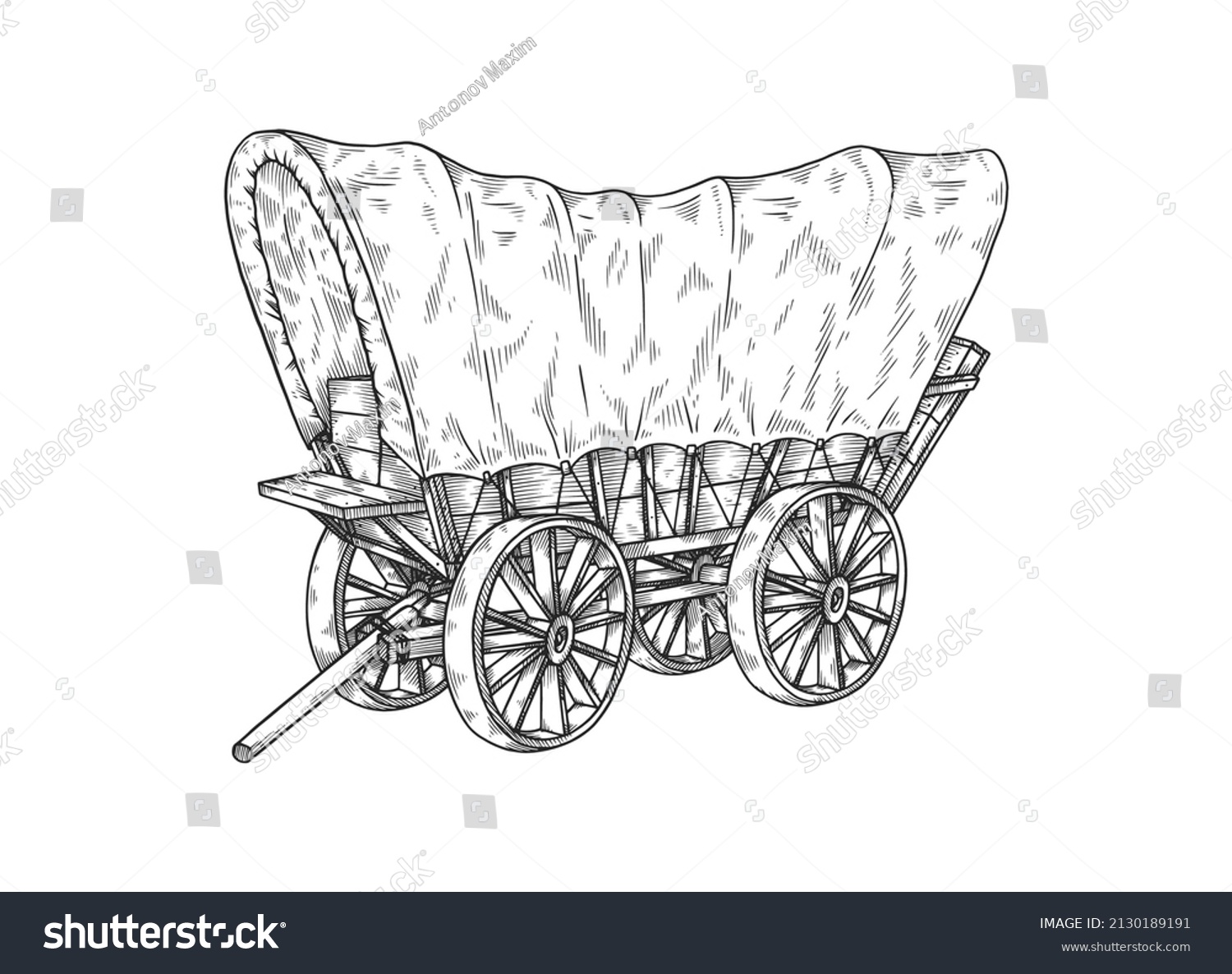 SVG of Vintage old covered with tent Western wagon with shafts and without horse, sketch or engraving style vector illustration isolated on white background. svg