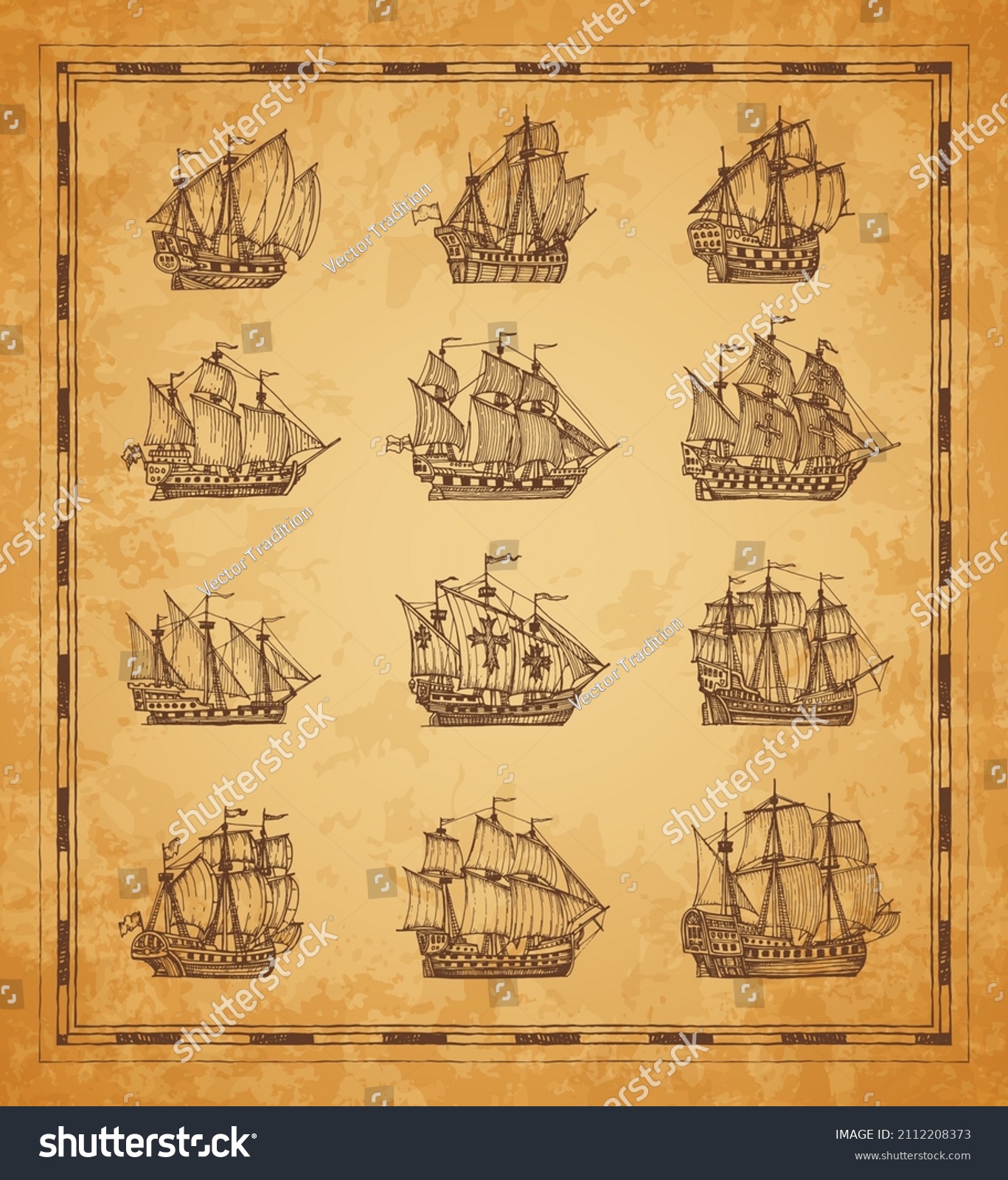 SVG of Vintage pirate sail ships and sailboats. Old vessel frigate, brigantine and caravel sketch. Ancient map hand drawn element, nautical travel, geographical discoveries era engraved vector battleship svg