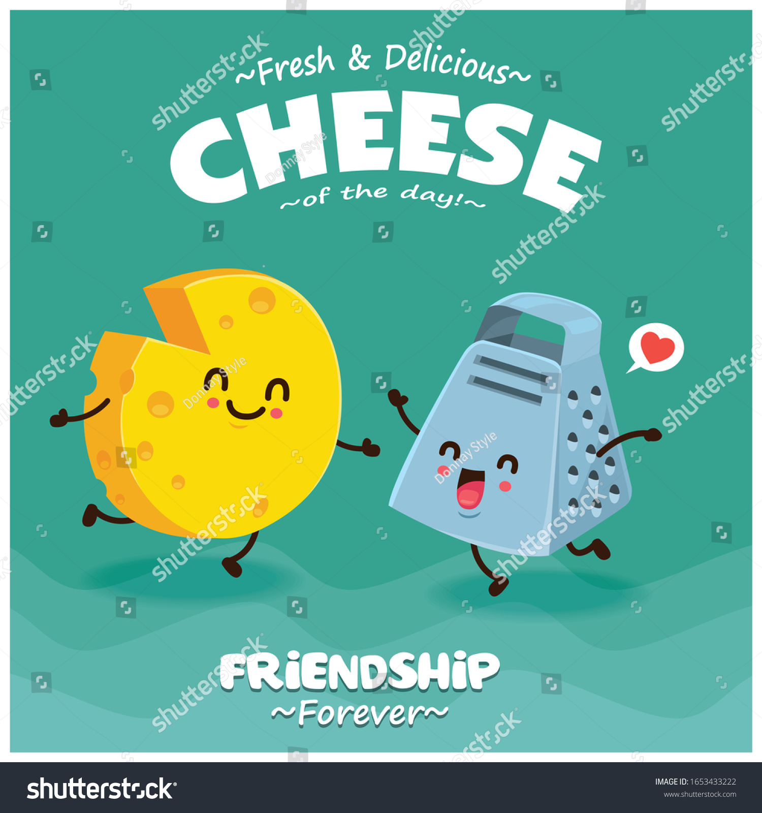 SVG of Vintage poster design with vector cheese & tower graters character.  svg