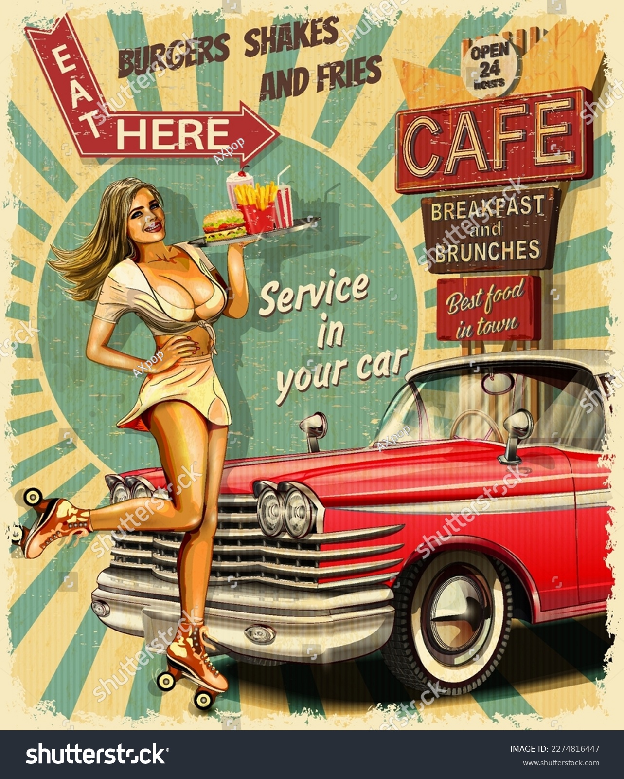 SVG of Vintage  poster  with waitress on roller skates and retro car.1950s style diner waitress. svg