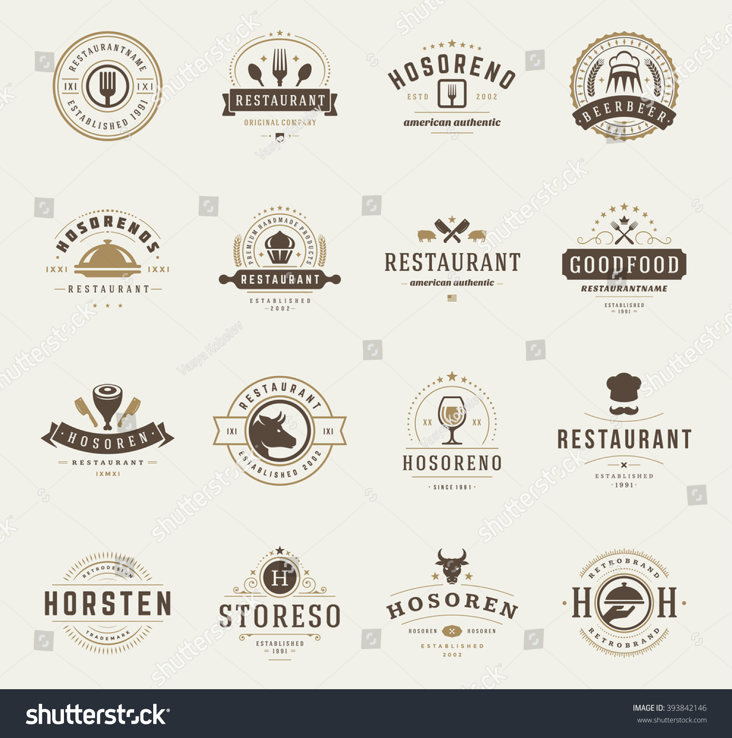  Vintage Restaurant Logos Design Templates Set Stock Vector 