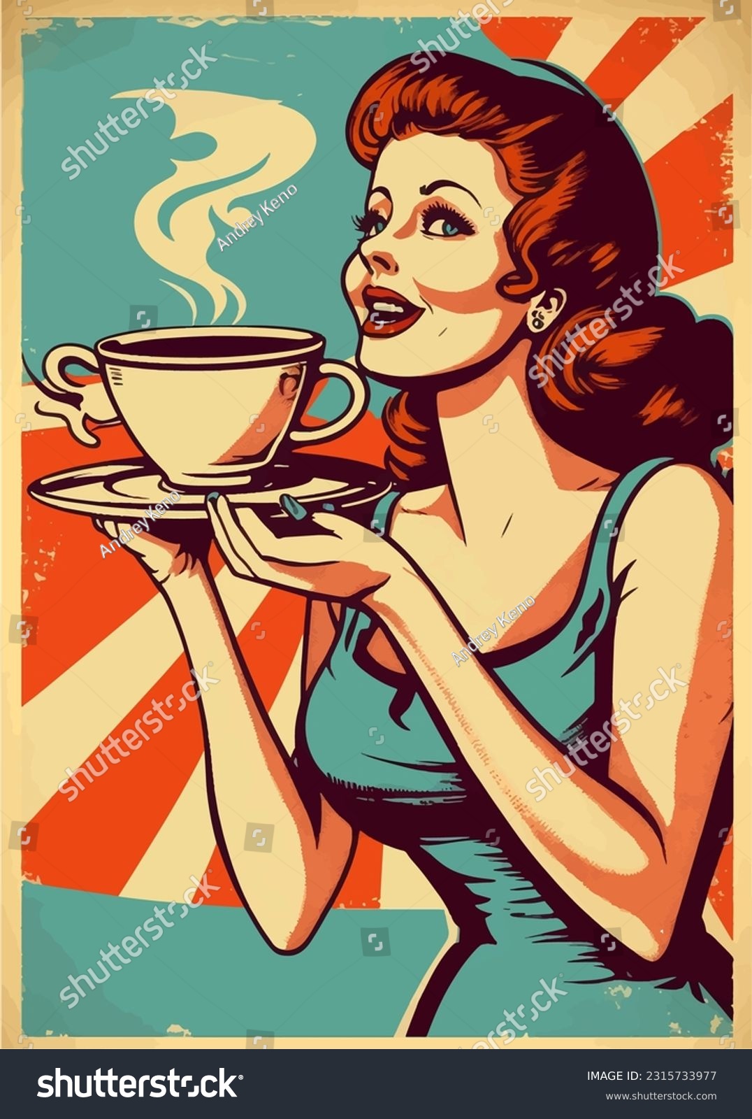 SVG of Vintage retro poster, woman with coffee cup. Advertising poster 50s, 60s, coffee sale. Grunge poster. Vector svg